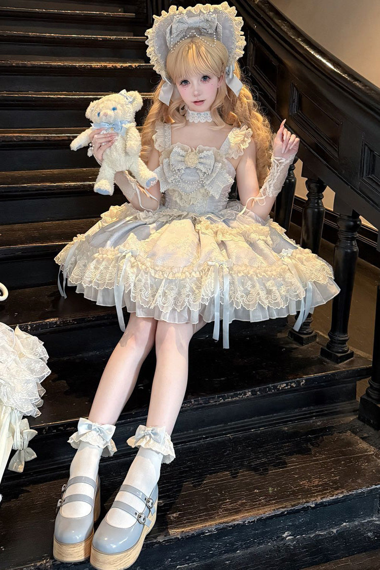 Blue [Blossoming Heart Love ] Sleeveless Dark Jacquard Print Bowknot Lace Sweet Lolita Jsk Dress