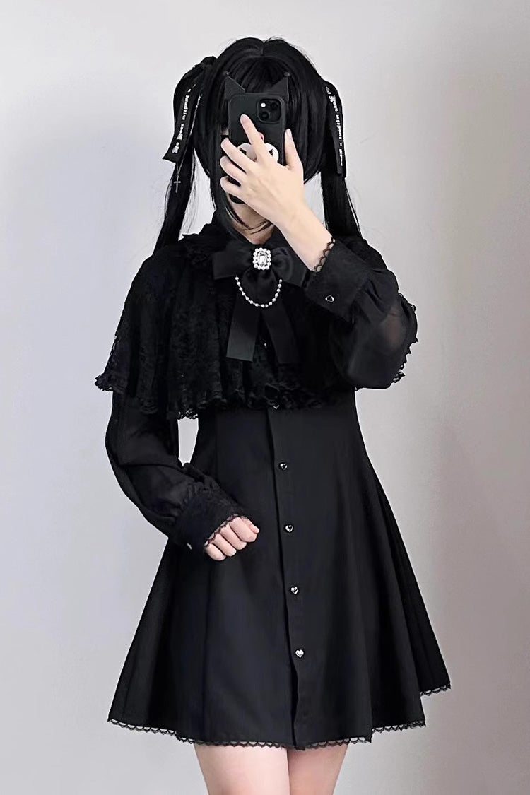 Black Shawl Lace Chiffon Long Sleeves Lace Slim Jirai Kei Dress