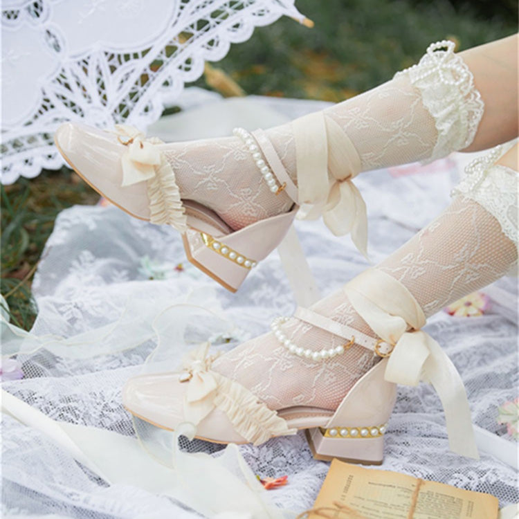 Romance Bowknot Lace Pearl Sweet Elegant Lolita Shoes 4 Colors