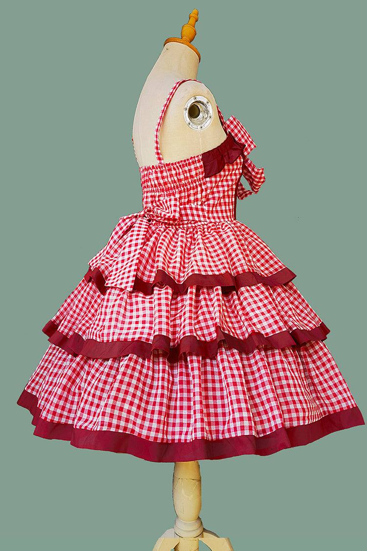 Red [Cloth Cat] Triple-Layered Plaid Print Ruffle Bowknot Sweet Lolita Dress