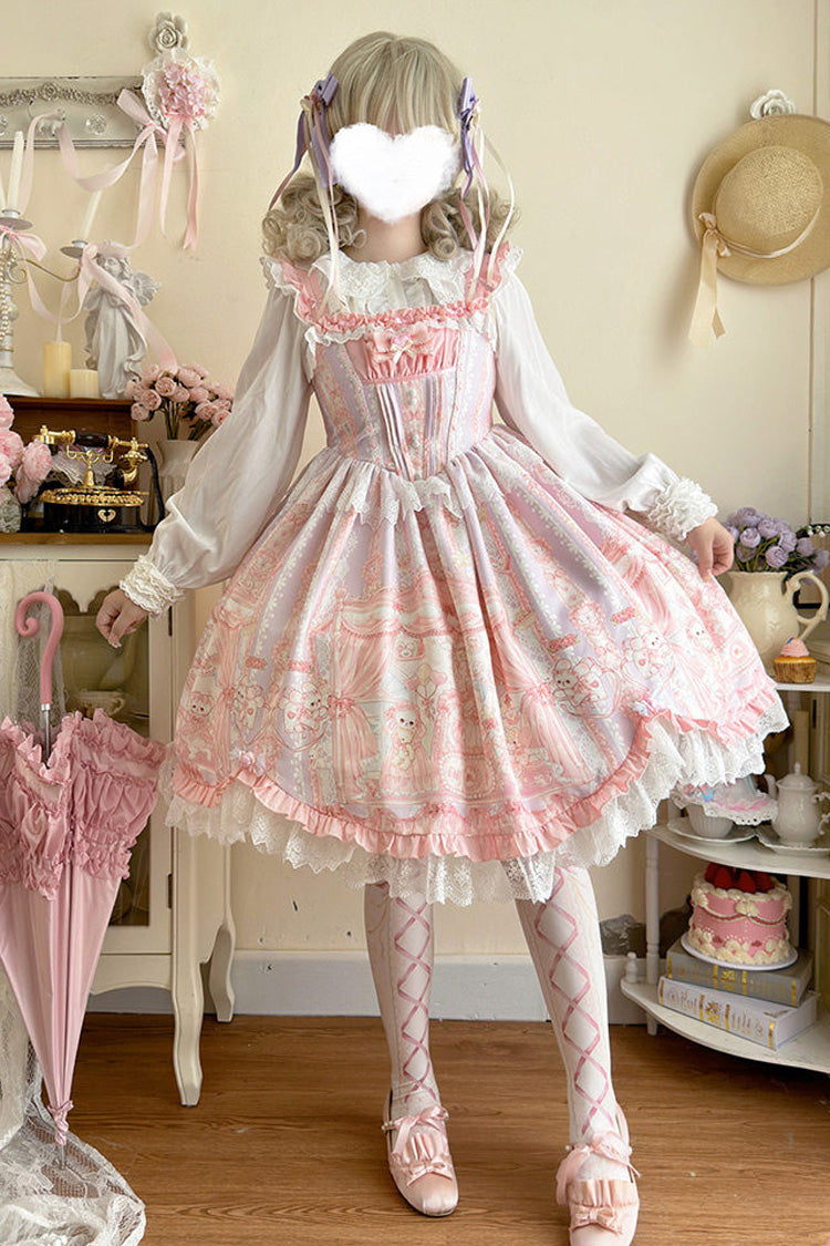 Pink Square Collar Sleeveless Printed Ruffled Lace Sweet Lolita Jsk Dress