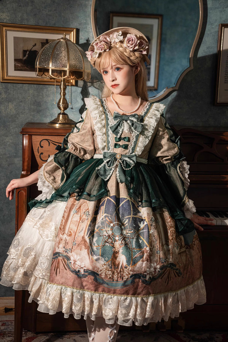 Green Gorgeous Short Sleeves Ruffle Bowknot Print Classic Lolita Dress