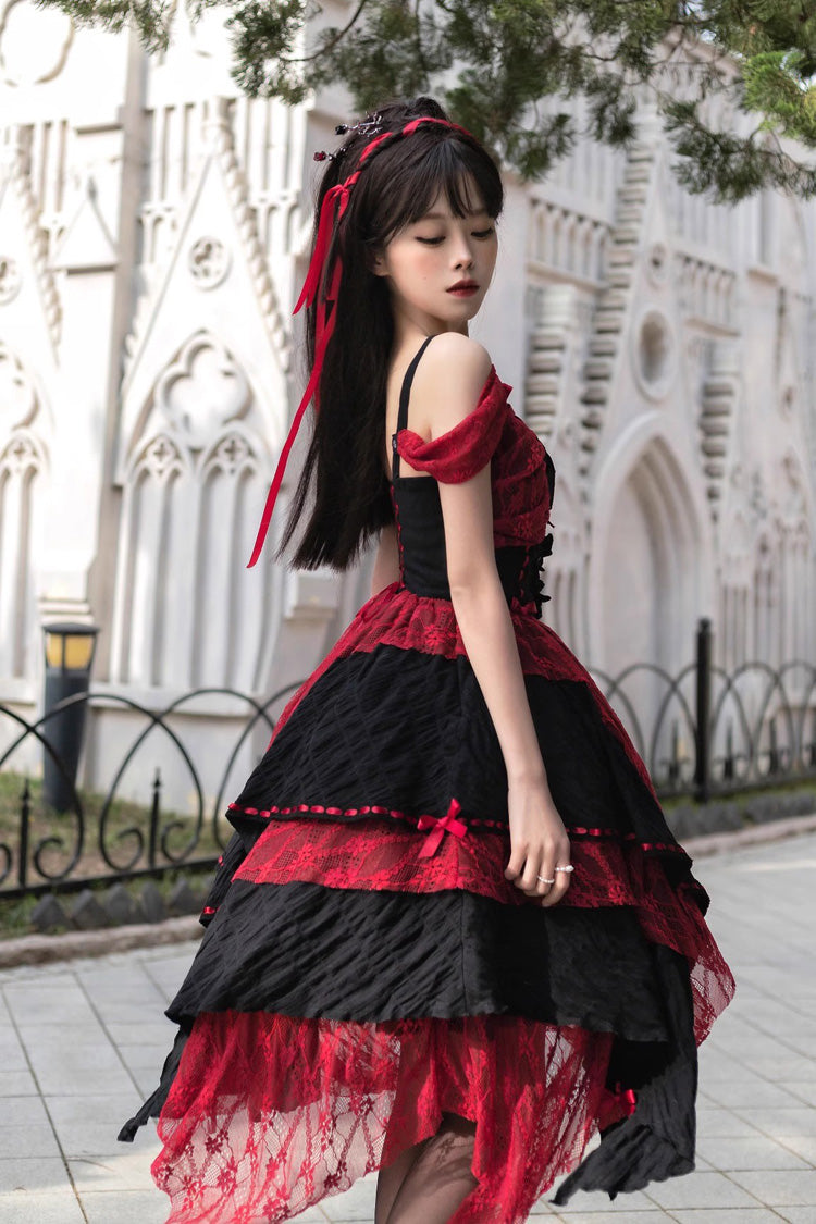 Rot/Schwarzes ärmelloses, hoch tailliertes Lolita-JSK-Kleid mit unregelmäßigem Aufdruck