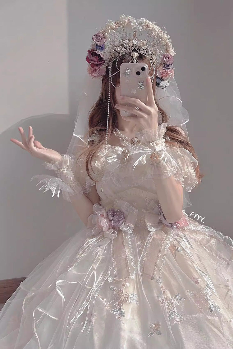 Ivory Short Sleeves Multi-layer Hanayome Bowknot Princess Gorgeous Sweet Lolita Strapless Dress Set