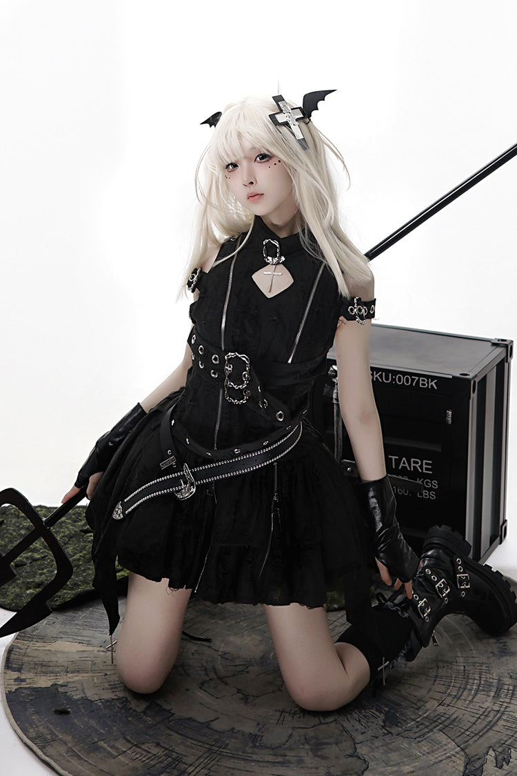 Black [Hunter] Stand Collar Off Shoulder Ruffle Embroidery Zipper Gothic Lolita Dress