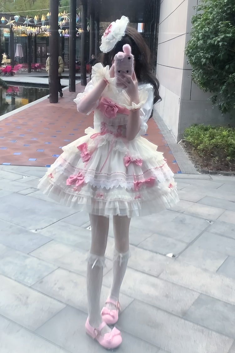Apricot/Pink [Prelude to Spring Song] Sleeveless Multi-Layered Ruffle Bowknot Lace Sweet Princess Ballet Lolita Jsk Dress