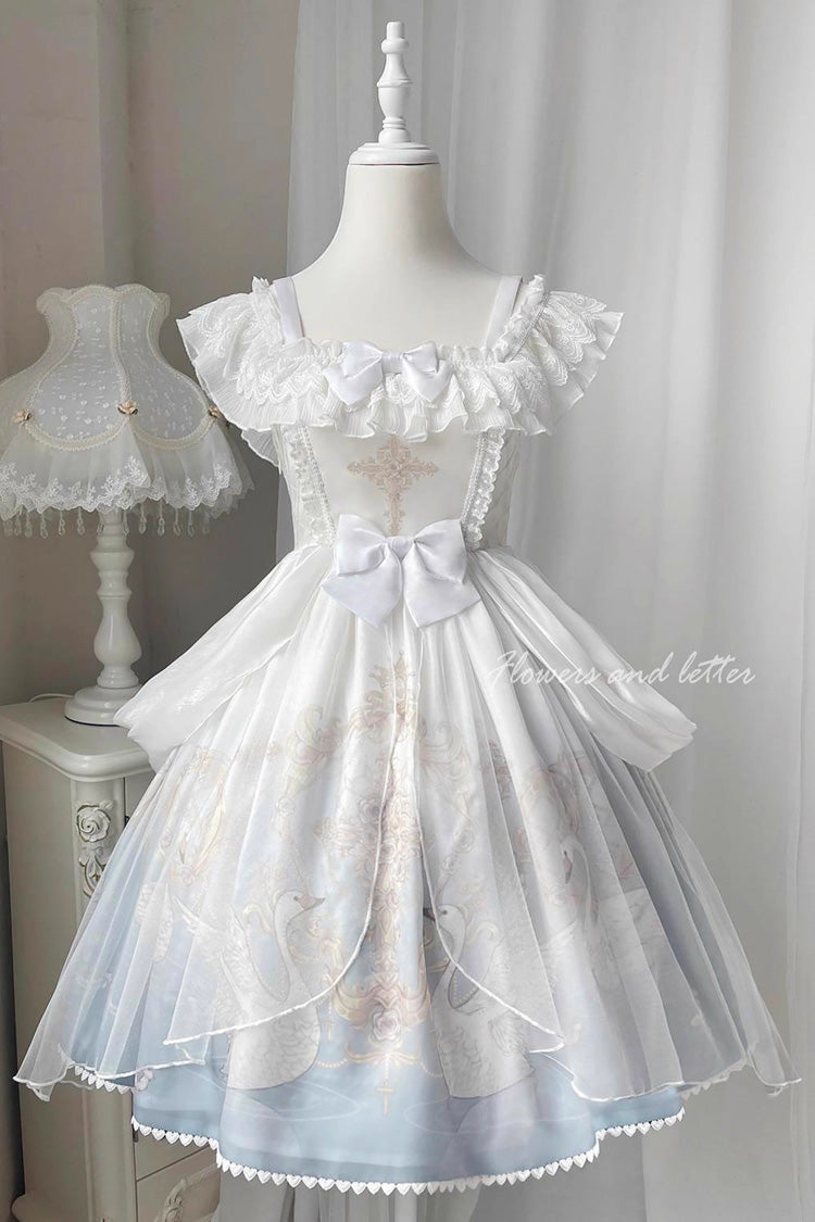 White/Blue [Flower and Letter] Swan Lake Print Ruffle Bowknot Elegant Lolita Jsk Dress