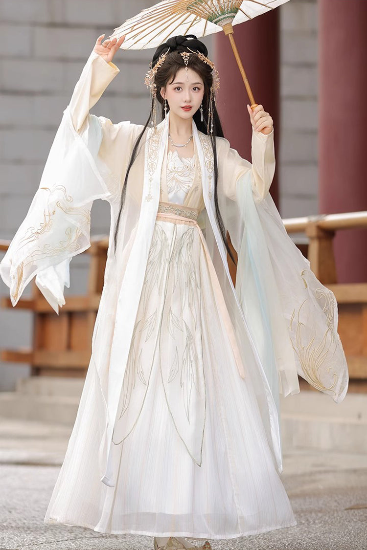 Beige Long Sleeves High Waisted Jacquard Print Embroidery Women's Sweet Hanfu Dress Full Set