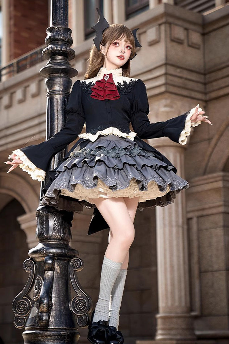 Black [Eternal Night Feast] Multi-Layered Ruffle Lace Gothic Princess Lolita Top and Skirt Set