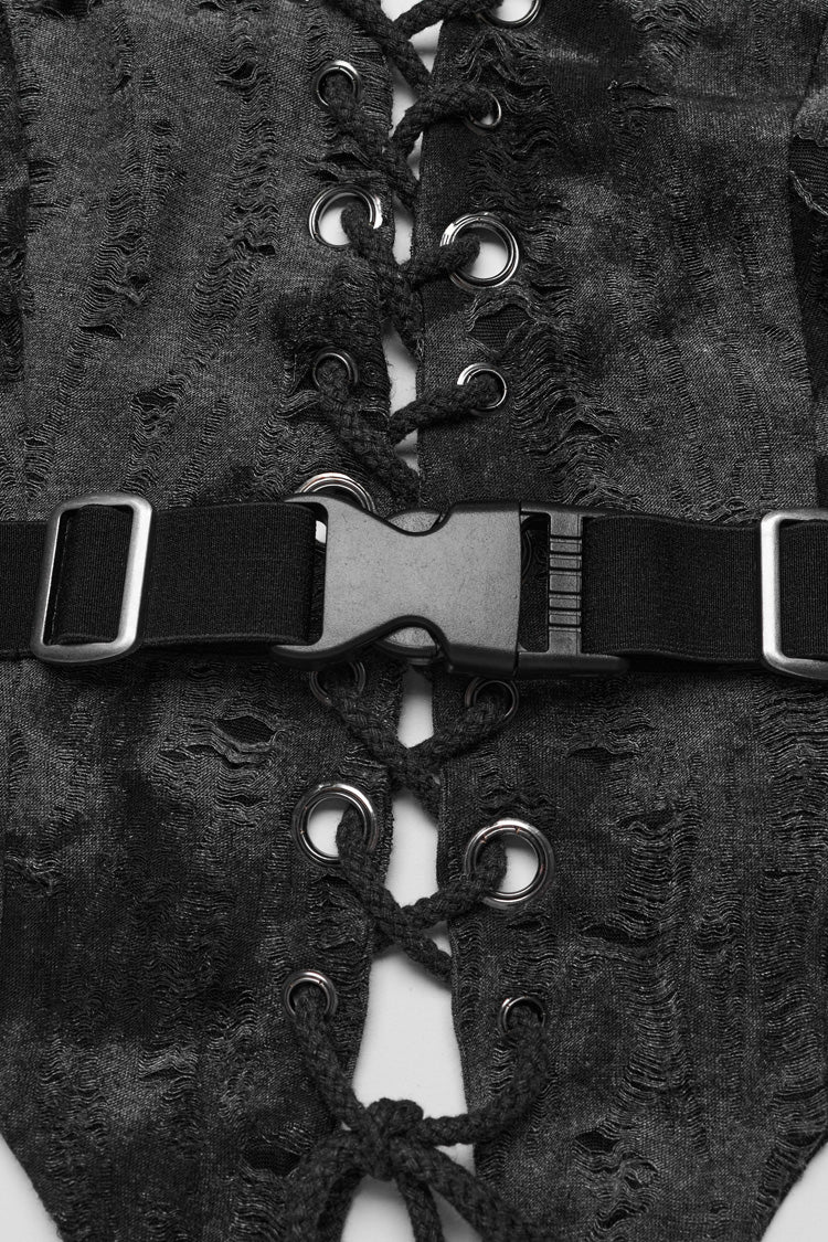 Graue ärmellose Steampunk-Weste für Damen mit Schnürung und Neckholder und spitzem Saum
