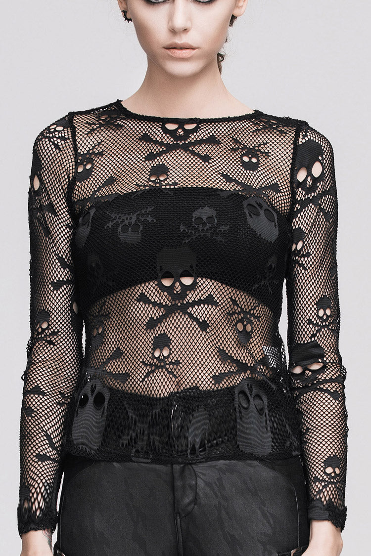 Schwarzes langärmliges Punk-Shirt aus Strick mit Totenkopf-Motiv, offenem Halsausschnitt, rundem Kragen und elastischem Bund für Damen