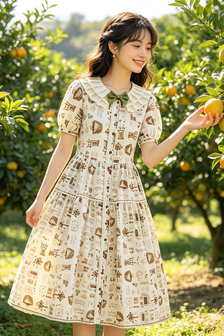 Robe Lolita Abricot à Manches Courtes Imprimée avec Noeud à Volants Douce Grande Taille