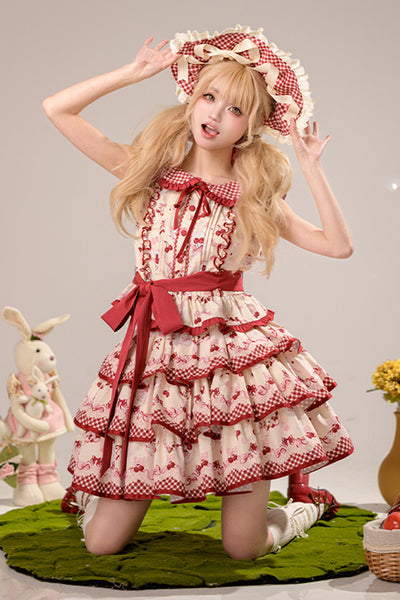 Red Triple-Layered [Cherries Are Ripe] Print Ruffle Sweet Lolita