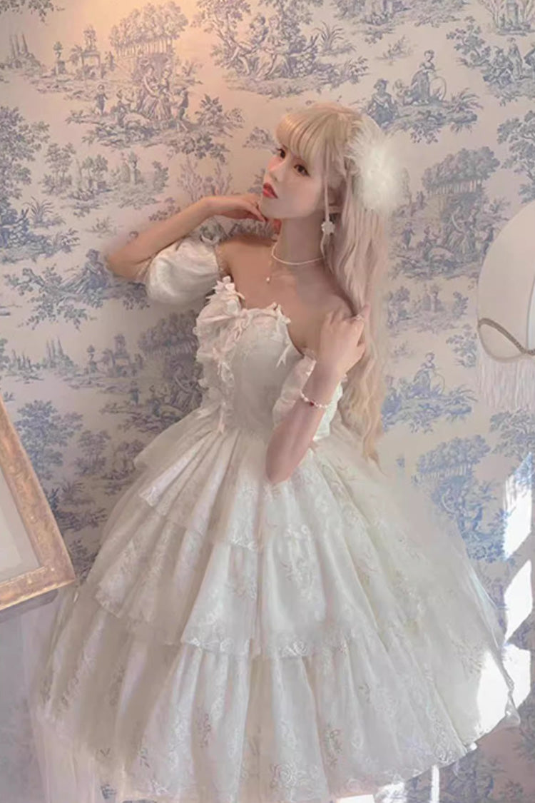 Weißes kurzärmliges Hanayome-Kleid mit Schleife und mehrlagigem Druck, süßes Prinzessinnen-Lolita-Trägerloses Kleid