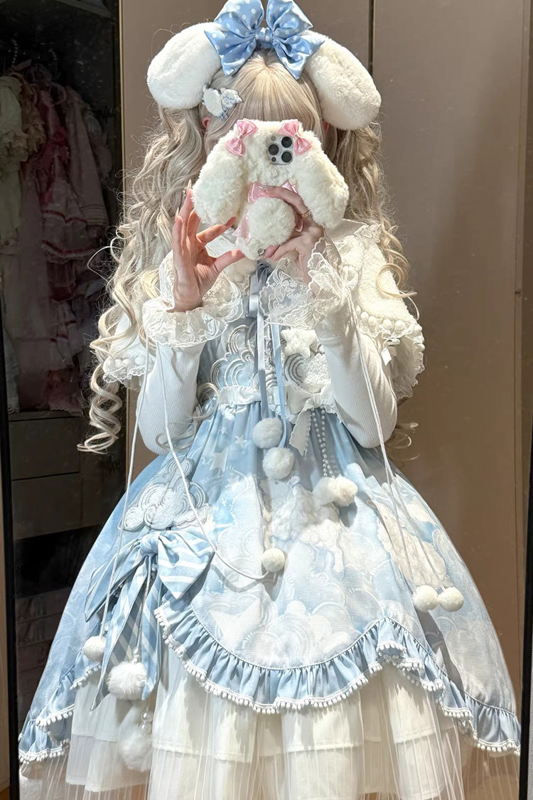 Blue [Cloud Dreamland] Cut-Out Embroidered Bow Lace Asymmetric Sweet Elegant Lolita Jsk Dress Set