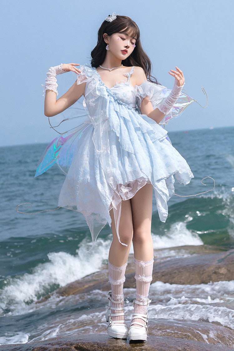 Blue [Summer of Bubbles] Sleeveless Ruffle Embroidery Lace Irregular Short Sweet Lolita Jsk Dress
