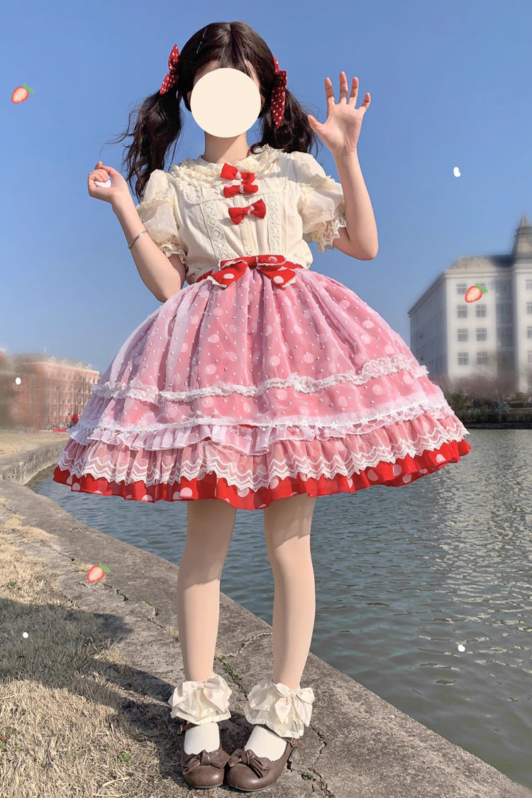 [Wave Candy] Jupe Lolita douce à nœud à volants imprimé triple couche 3 couleurs 