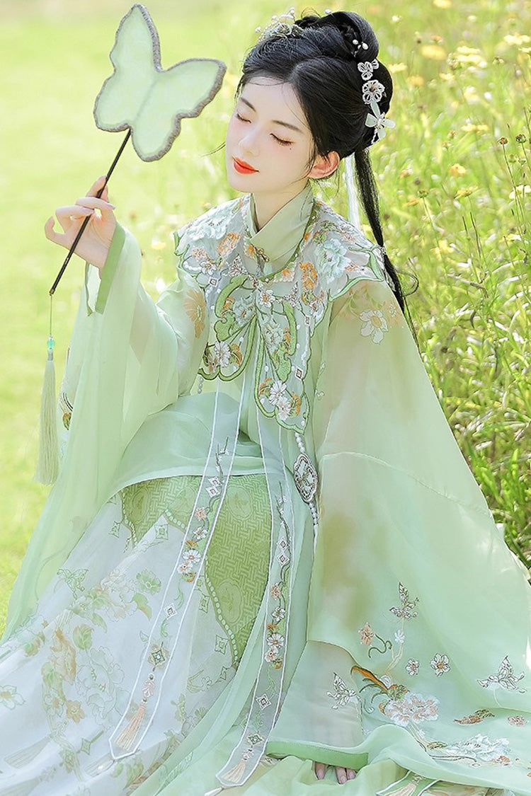 Green [Emerald Fantasy] Ming Dynasty Round Collar Long Sleeves Print Embroidery Sweet Hanfu Dress Set