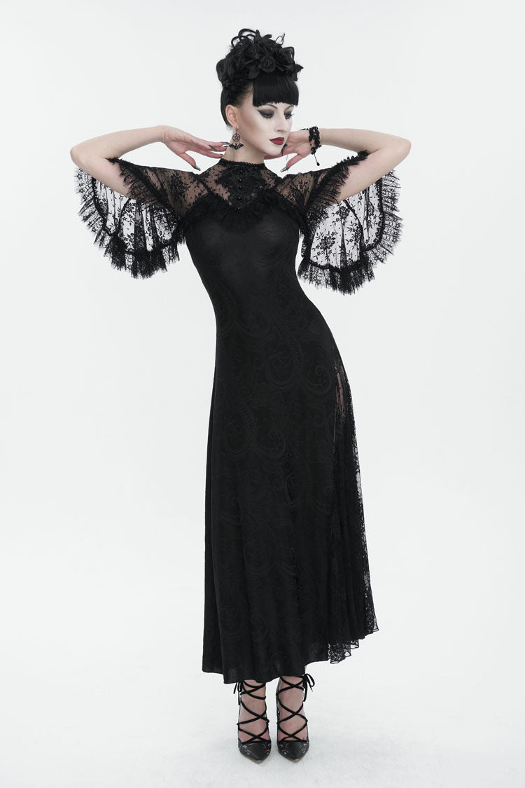 Black Stretch Printed Knit Panel Lace High Slit Asymmetric Women's Gothic Dress