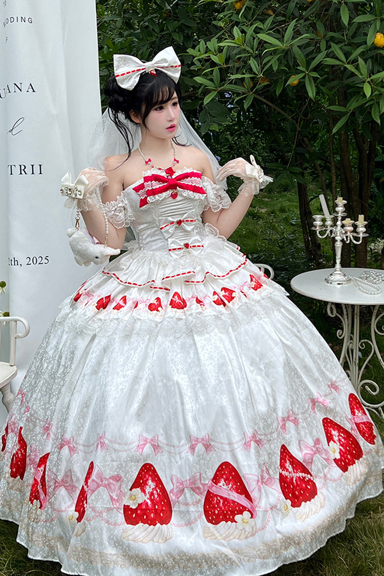 White [True Love Strawberry] Print Off Shoulder Sleeveless Ruffle Bowknot Lace Sweet Princess Lolita Dress Set