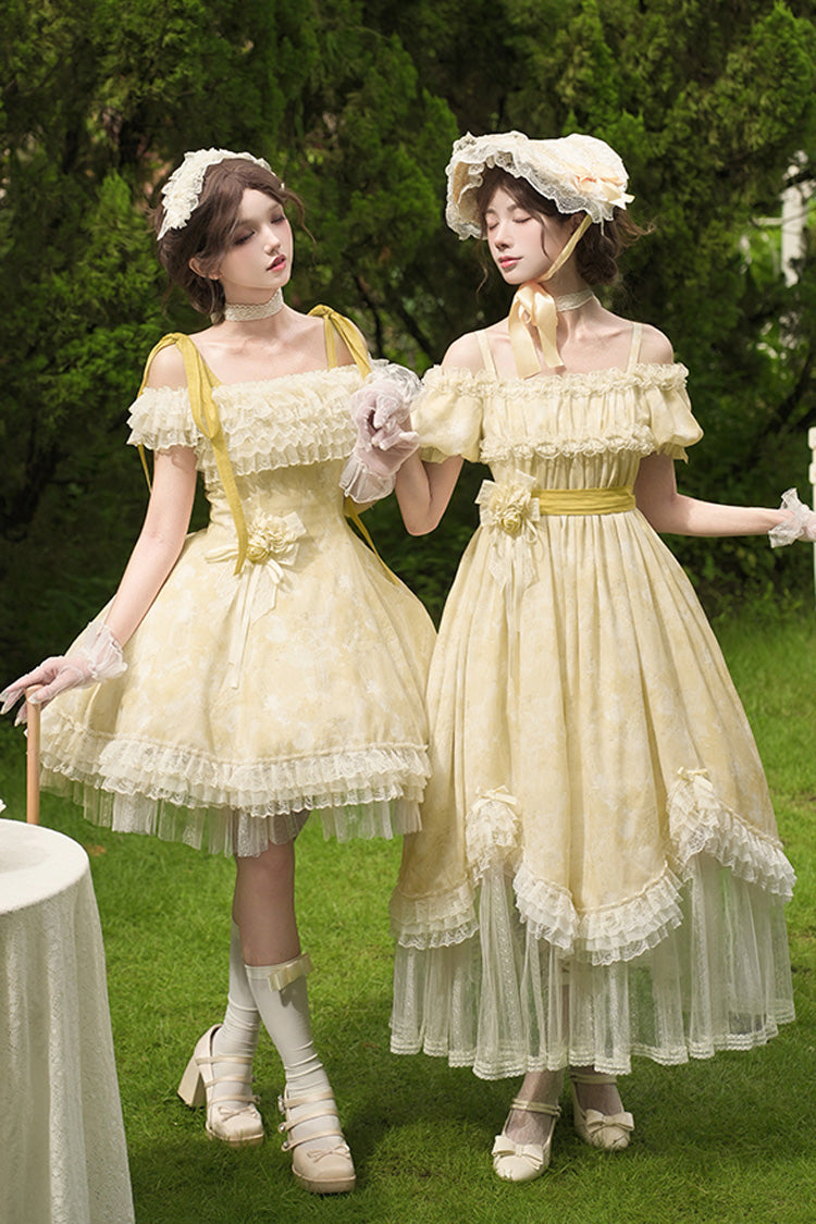 Yellow [Falling Flowers as a Message] Square Collar Short Sleeves Print Ruffle Lace Sweet Elegant Lolita Long Dress