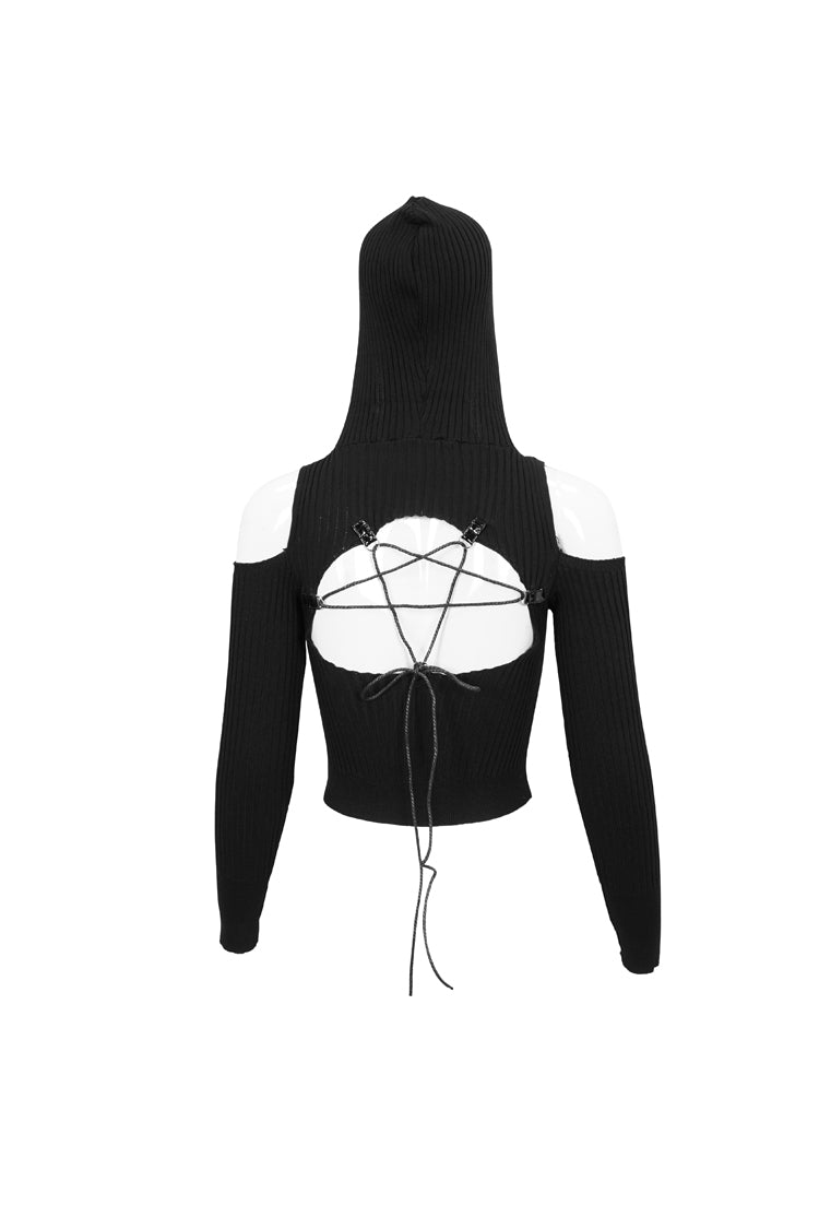 Black Hooded Off-The-Shoulder Back Cutout Rope String Upside Down Pentagram Wool Knit Long Sleeve Women's Punk Sweater