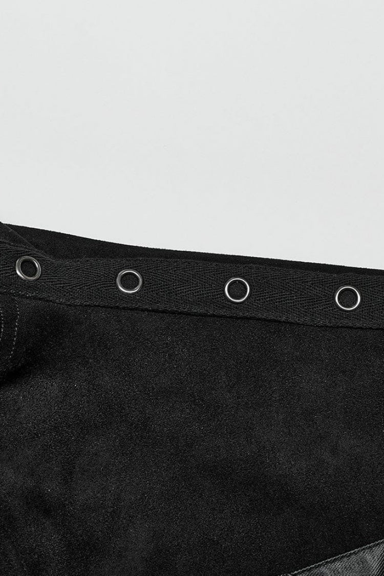 Black Sleeveless Hollow Suede Leather Stitching Irregular Mens Gothic Vest