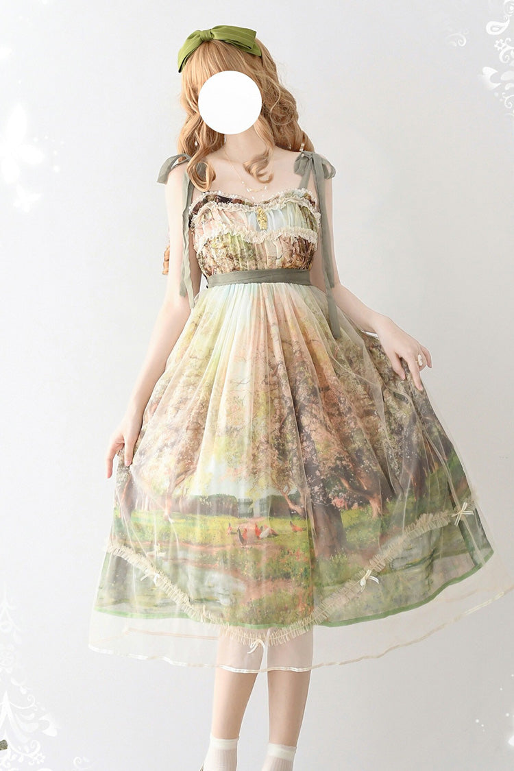 Green [Oil Painting – Spring] Sleeveless Print Ruffle Bowknot Lace Sweet Lolita Jsk Dress