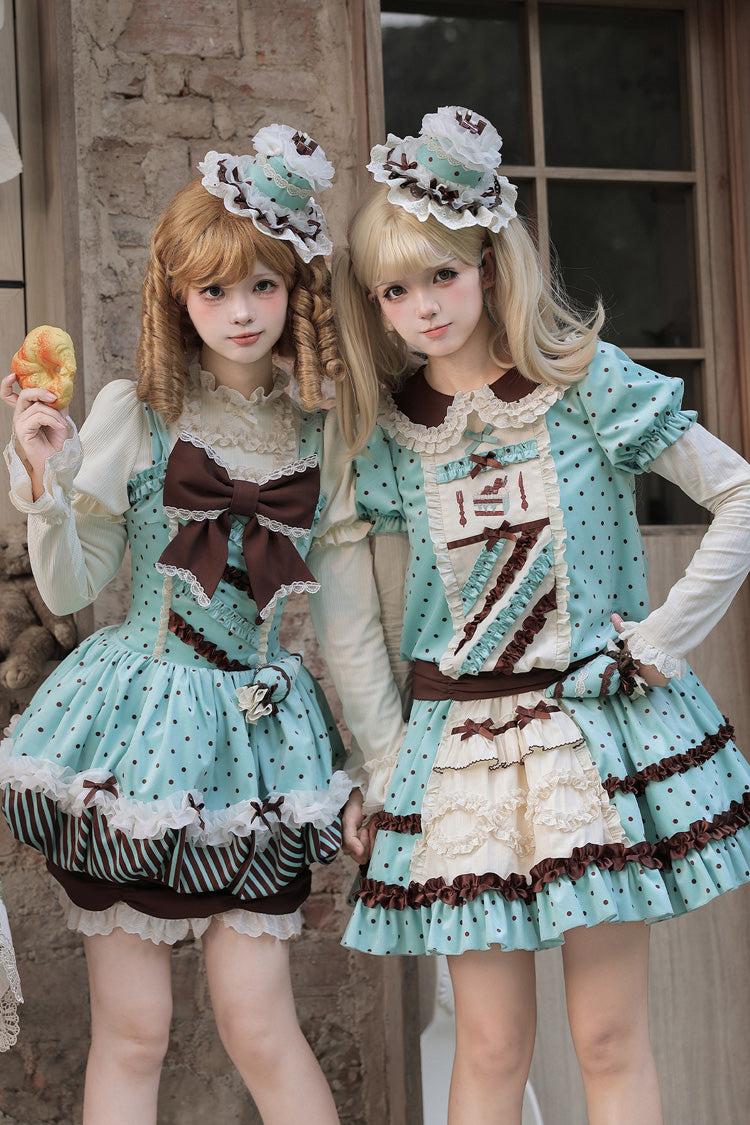 Mint Green [Mint Chocolate Waitress] High Waisted Polka Dot Printed Bow Ruffled Sweet Lolita Dress 2 Versions