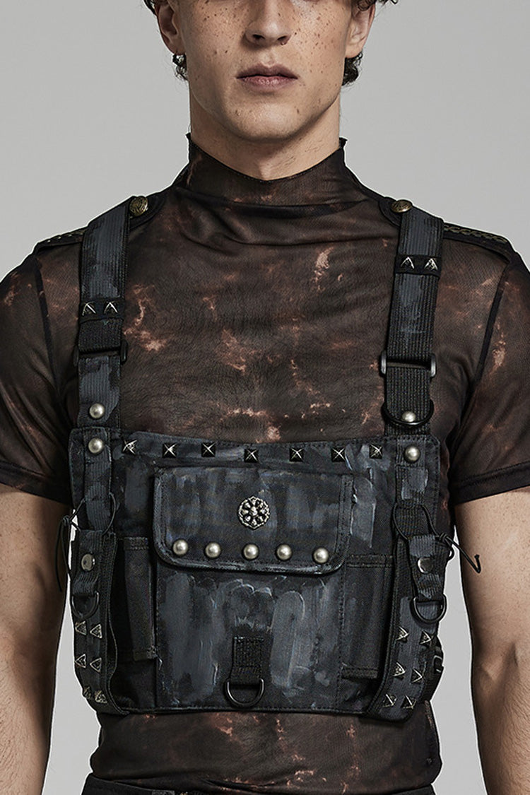 Black Nylon Camouflage Metal Rivets Men's Steampunk Backpack