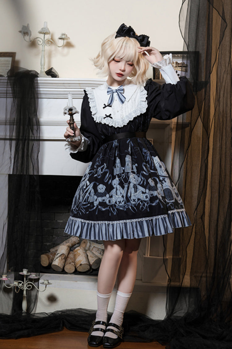 Black Bandage Bear Print Long Sleeves Ruffle Bowknot Lace Gothic Lolita Dress