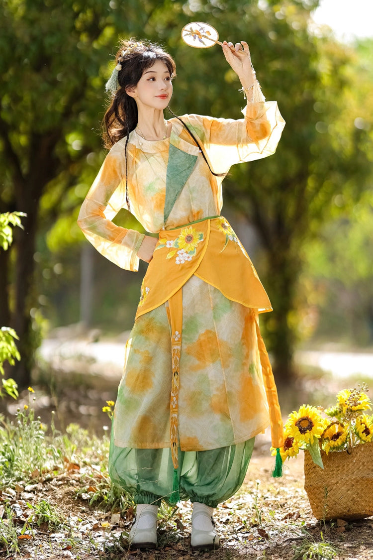 Yellow/Green Round Collar Long Sleeves Print Women's Sweet Hanfu Pants Full Set