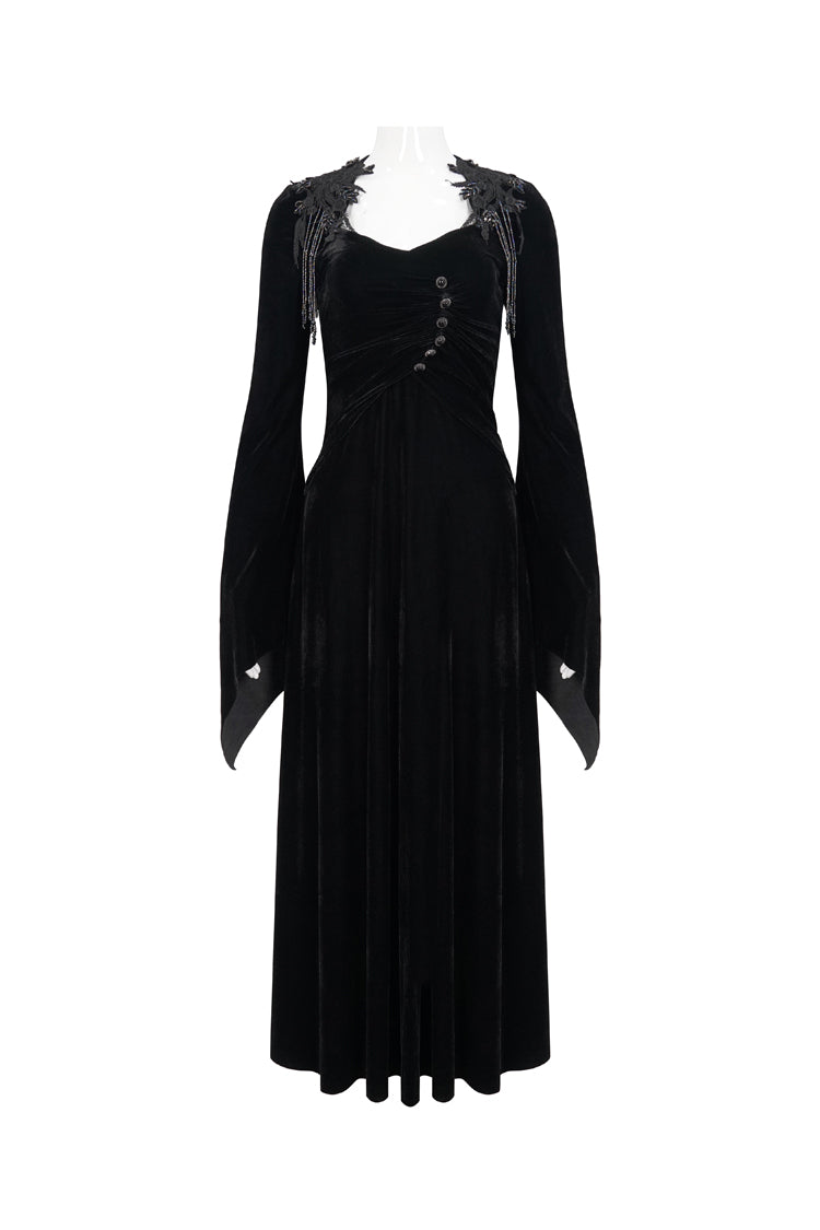 Black Embroidered Fringe Flared Sleeve Women's Gothic Dress