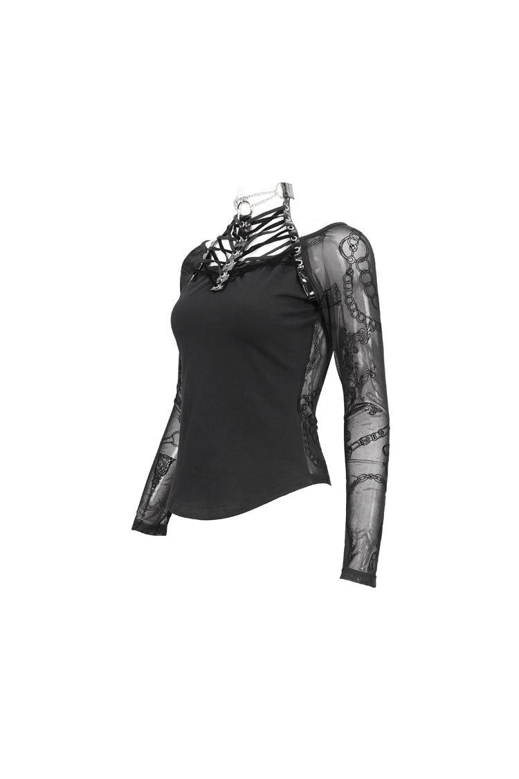 Schwarzes, schulterfreies Punk-T-Shirt für Damen mit Stretch-Stricknähten, beflocktem Aufdruck, Kragen und Bindeseil
