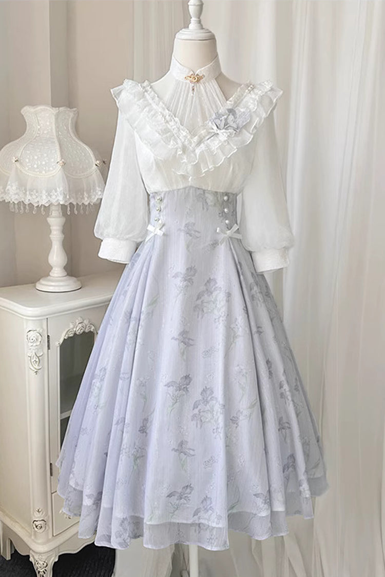 White/Blue Lace V Collar Half Sleeves High Waisted Sweet Lolita OP Dress