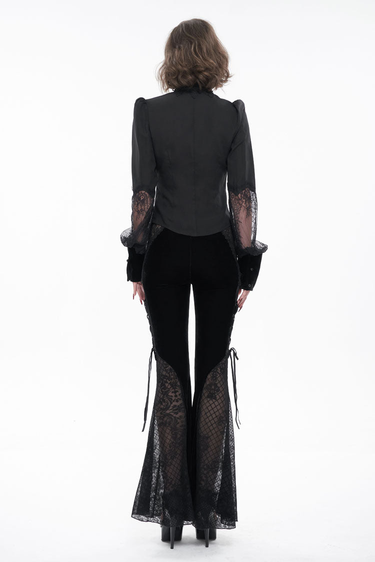 Schwarzes langärmliges Gothic-Hemd für Damen mit hohem Kragen, durchscheinender Spitze und Patchwork-Schleifendekoration