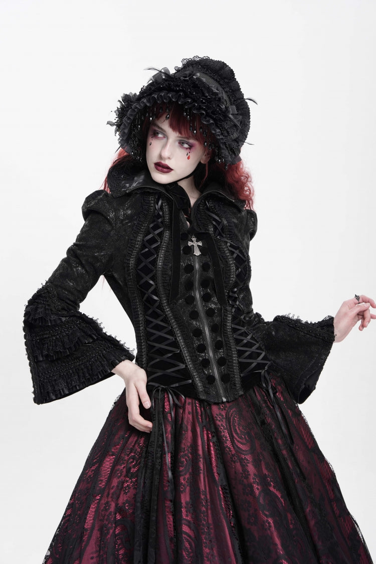 Black Lapel Collar Long Trumpet Sleeves Ruffle Lace-Up Zipper Women's Gothic Jacket