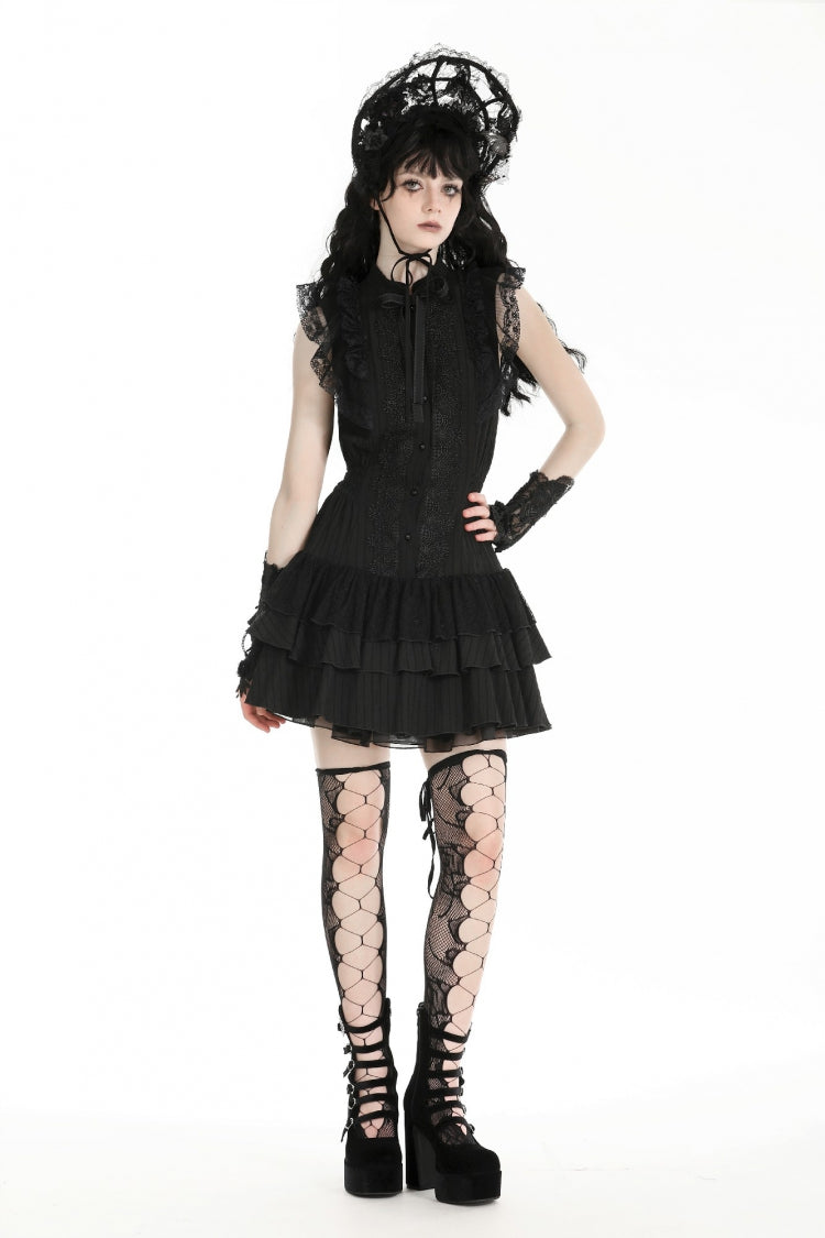 Damen-Gothic-Kleid mit schwarzer Spitze, Rüschen, Stehkragen, Schleife, ärmellos, dreilagiger Saum