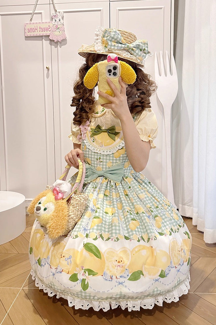 Green [Lemon Chicken] Print Ruffle Bowknot Lace Sweet Lolita Jsk Dress