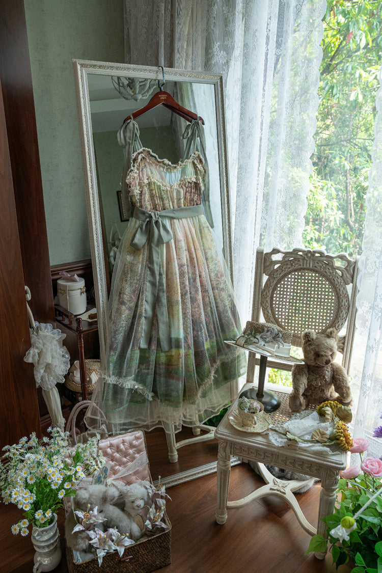Green [Oil Painting – Spring] Sleeveless Print Ruffle Bowknot Lace Sweet Lolita Jsk Dress