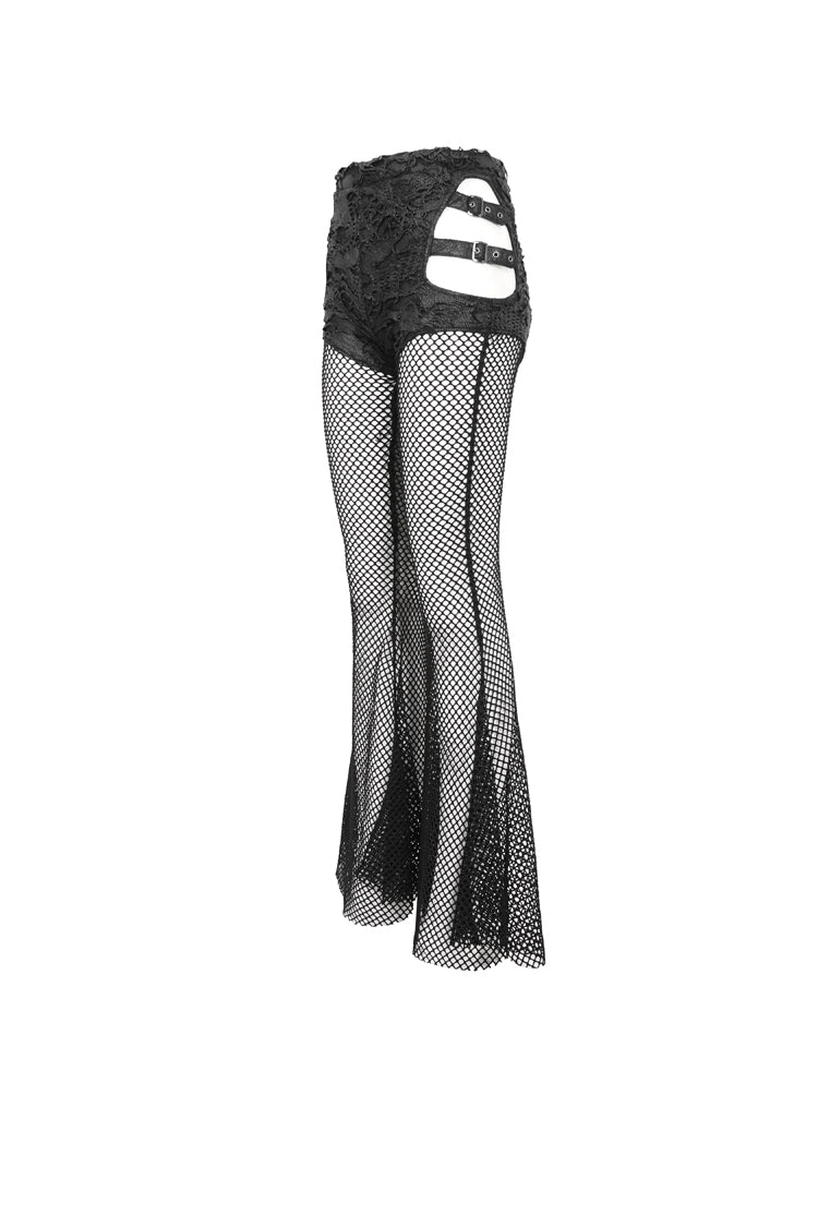 ブラック ストレッチ ニット パネル メッシュ カットアウト フレア レディース ゴシック パンツ