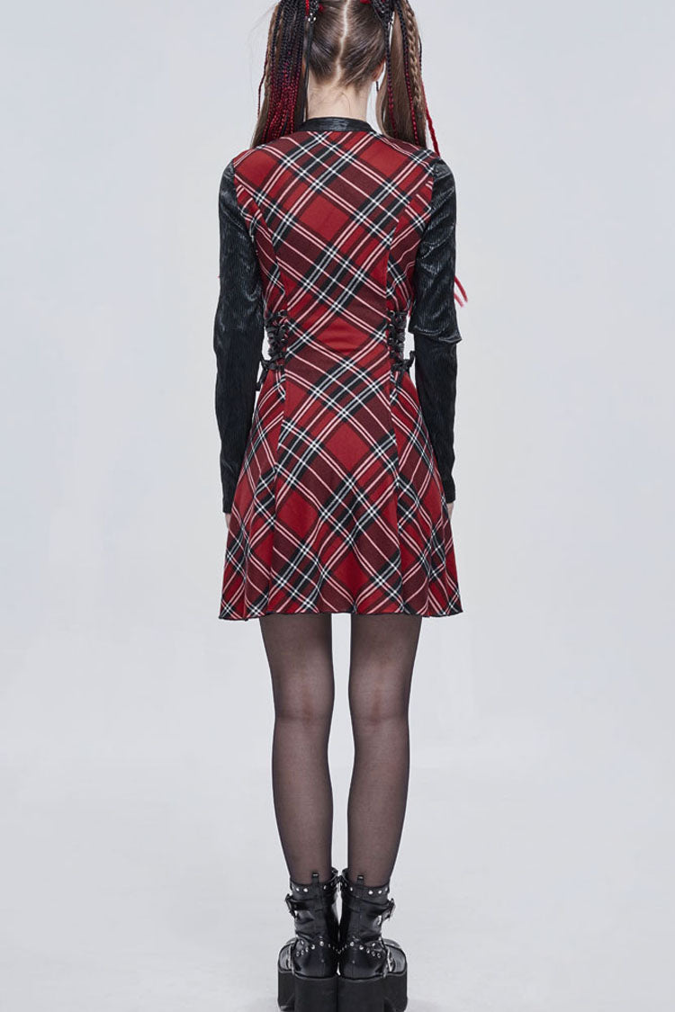 赤パンクスコットランドチェック柄ニット生地ウエストサイドストラップデザイン金属五角形装飾女性のドレス