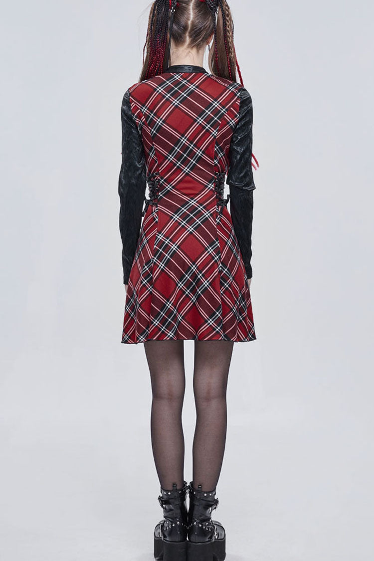 Red Punk Scottish Plaid Knitted FabricWaist Side Strap Design Metal Pentagram Decoration Women's Dress