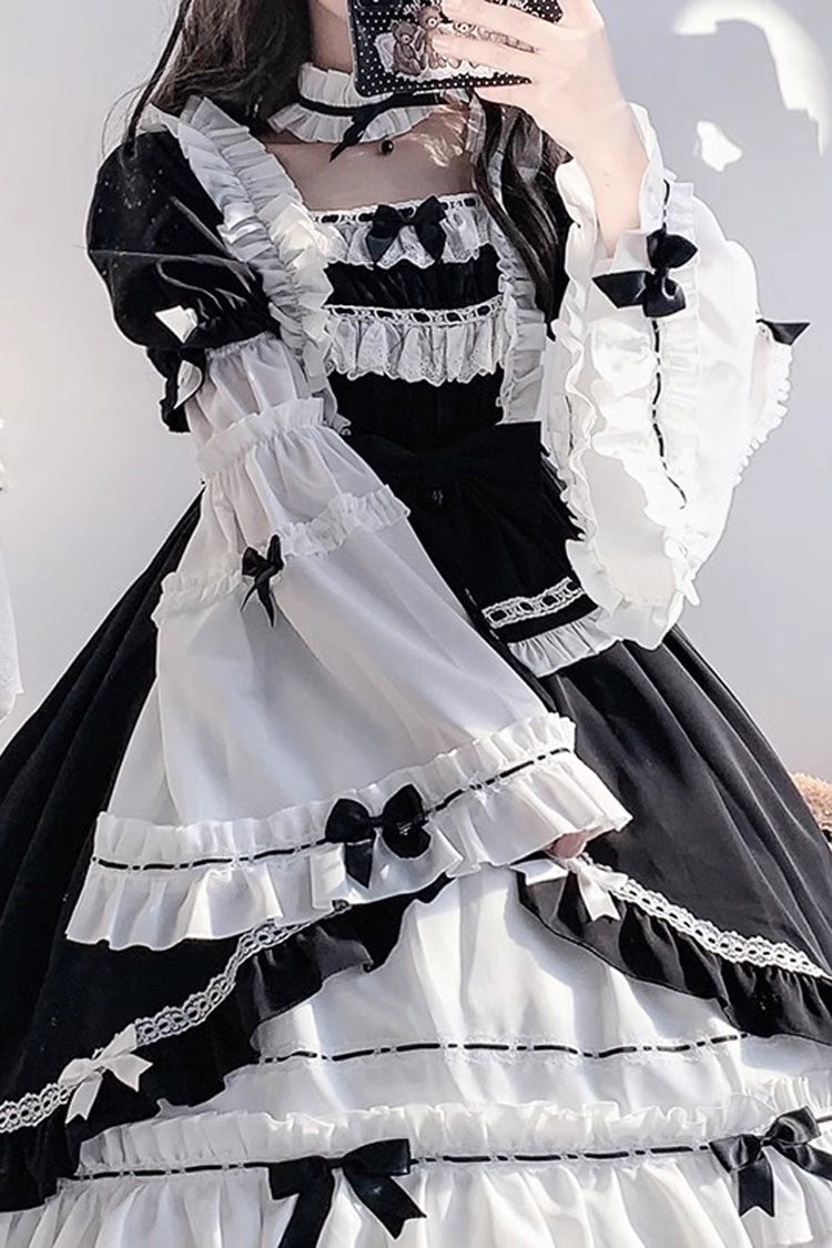 White/Black Hime Sleeves Multi-layer Ruffle Cardigan Bowknot Gothic Princess Lolita Dress