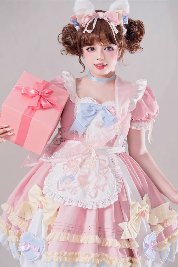 Pink Short Sleeves Multi-Layered Ruffle Bowknot Sweet Princess Lolita Dress Full Set