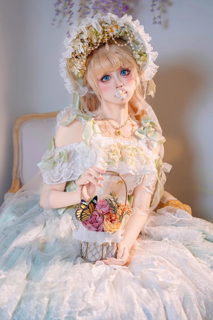 Green [Glazed Phantom] Off Shoulder Ruffle Hanayome Bowknot Lace Sweet Elegant Lolita Dress
