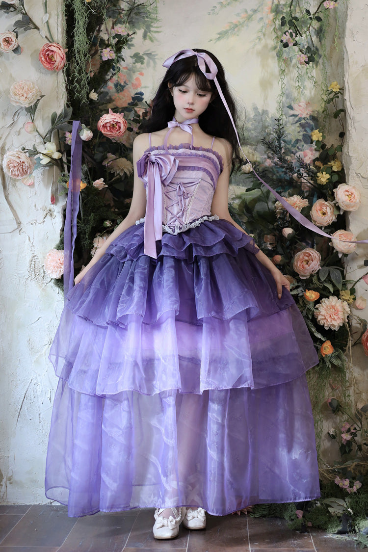 Ensemble de robe jupe Lolita violette, [muguet dans la neige qui tombe], sans manches, triple couche, nœud à volants, à lacets, doux et élégant