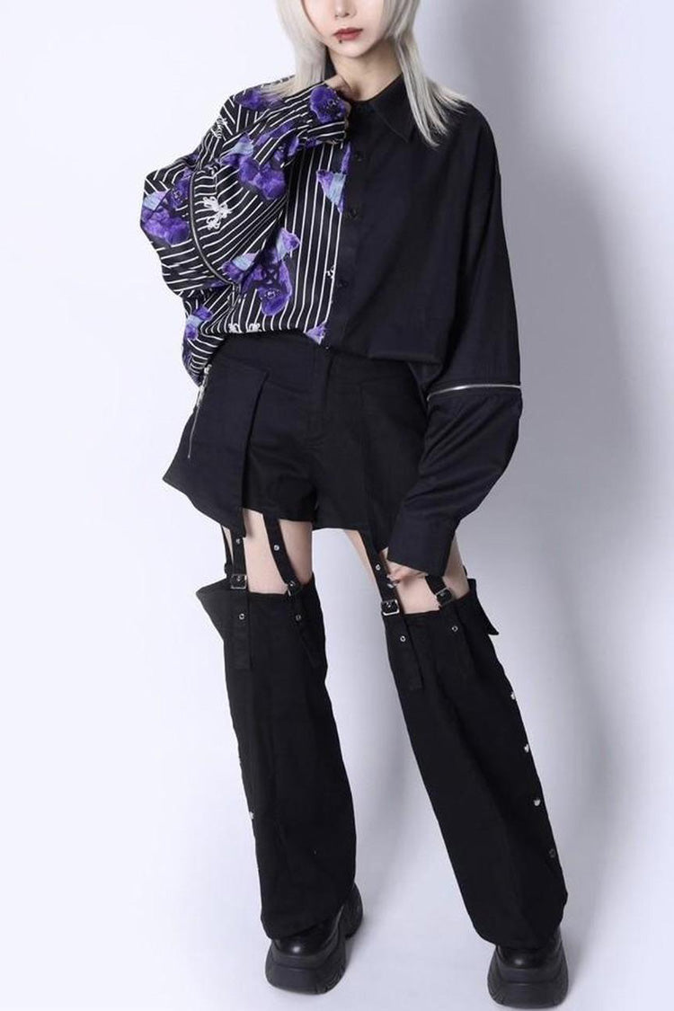 Black Gothic Jirai Kei Japanese Detachable Leg Shorts Set