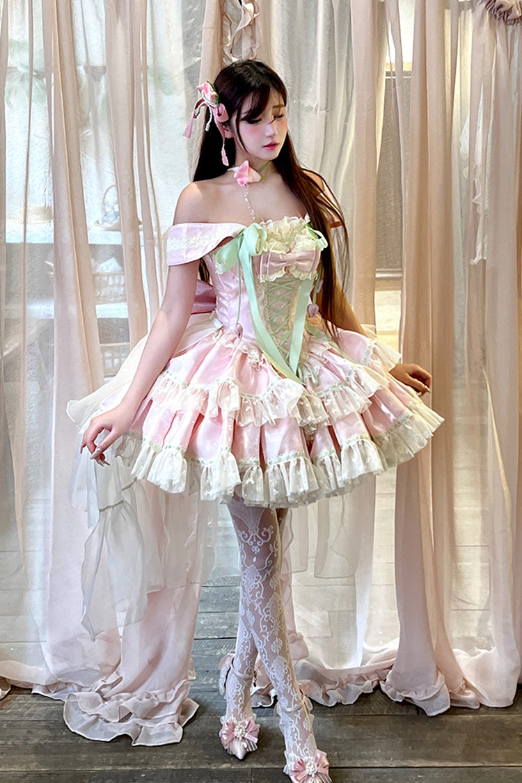 Robe Lolita Princesse Douce Romantique à Nœud Papillon en Dentelle à Lacets à Volants à Double Couche avec Encolure Bateau [Tulip Love Song] Rose 