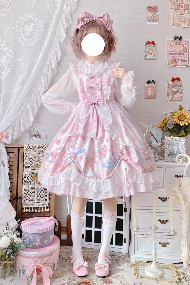 Pink Sleeveless High Waisted Rabbit Print Ruffle Bowknot Sweet Lolita Jsk Dress